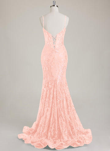 Spaghetti Straps V-Neck Corset Sequins Lace Trumpet/Mermaid Maxi Dress